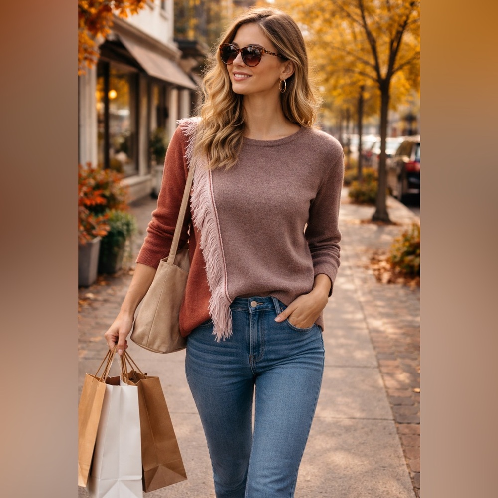 Casual Express Cashmere Fringed Pullover Sweater Crew Neck Brown Rust Size S